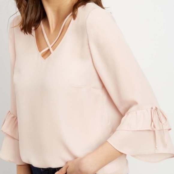 Maurice's Girly Dressy Office Size 1X Sheer Pink Ruffle Bell Sleeve Blouse - Picture 10 of 10